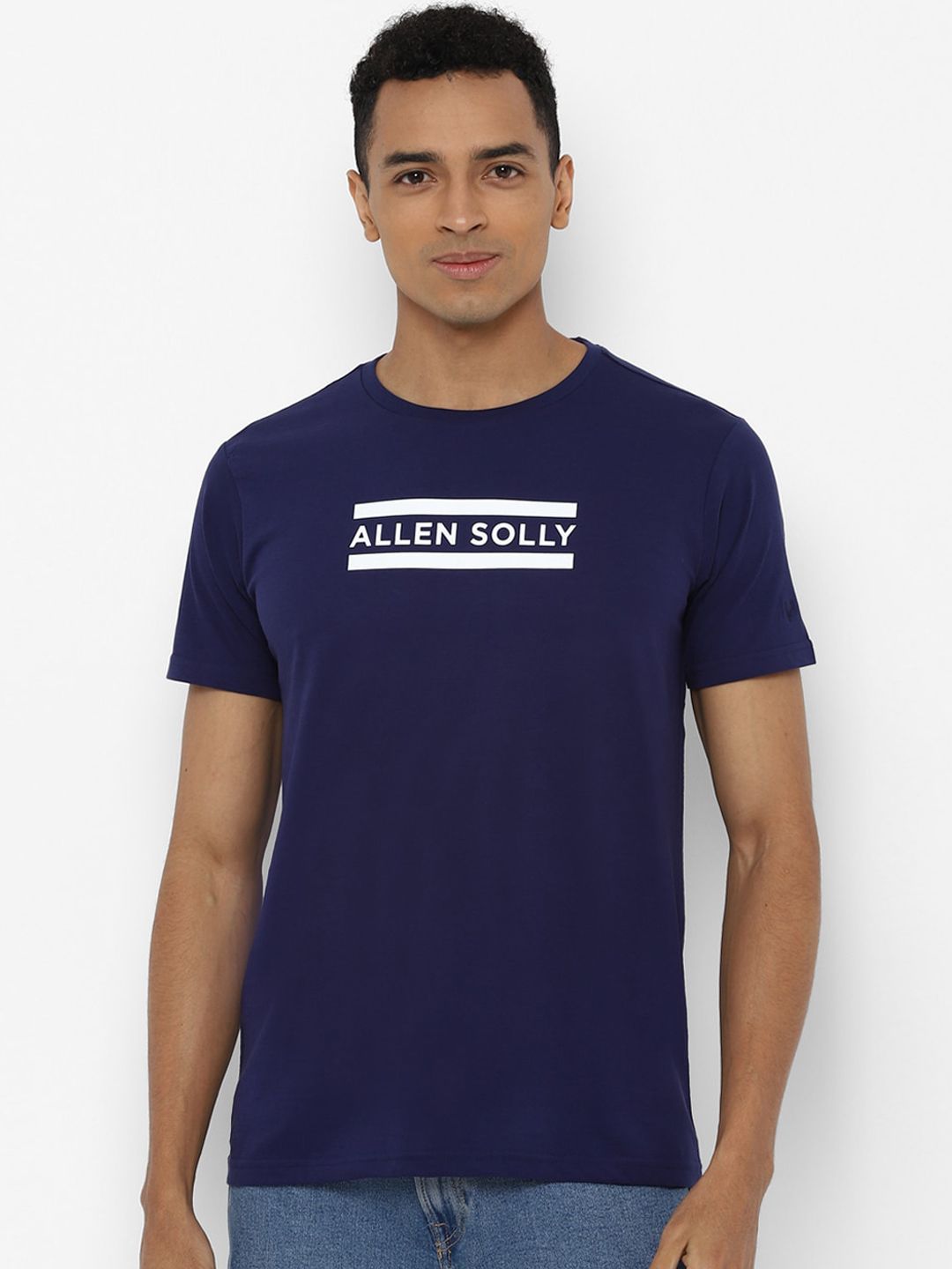 Allen Solly Men Navy Blue  White Printed Round Neck Pure Cotton T-shirt