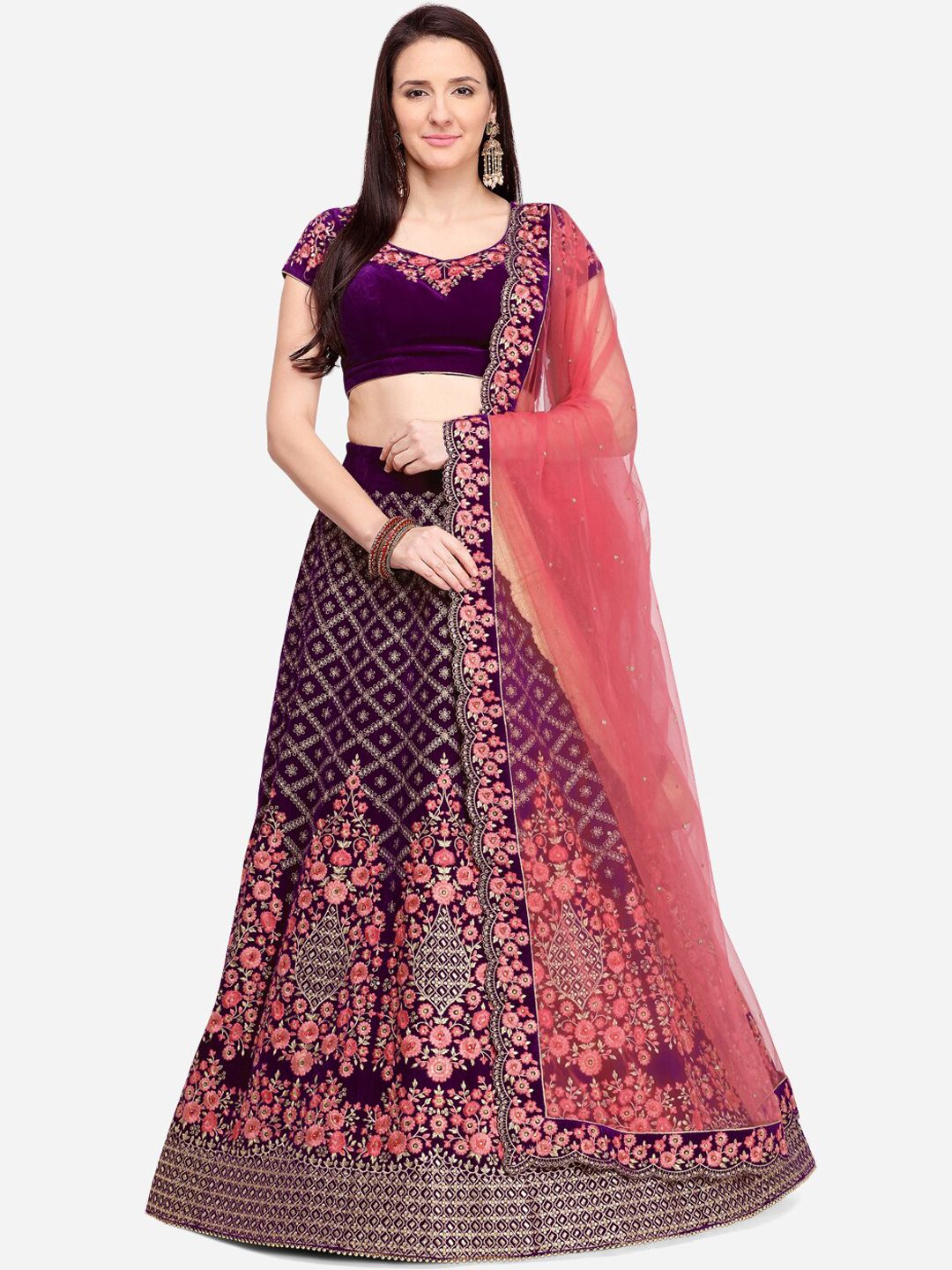 NAKKASHI Purple And Pink Embroidered Velvet Semi-Stitched Party Lehenga & Blouse with Dupatta