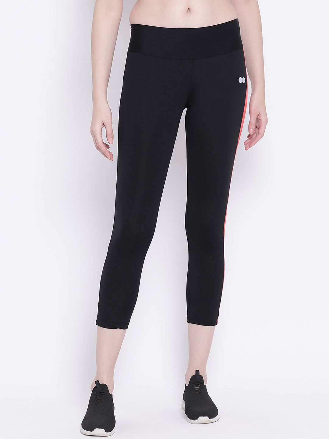 Clovia Women Black & Coral-Red Colourblocked Training or Gym Activewear Tights Price in India