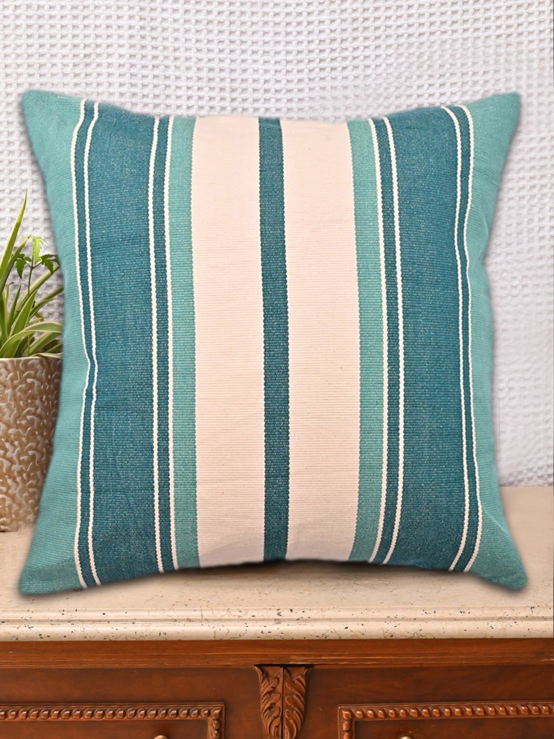 AVI Living Turquoise Blue & Beige Striped Cotton Cushion Cover Price in India