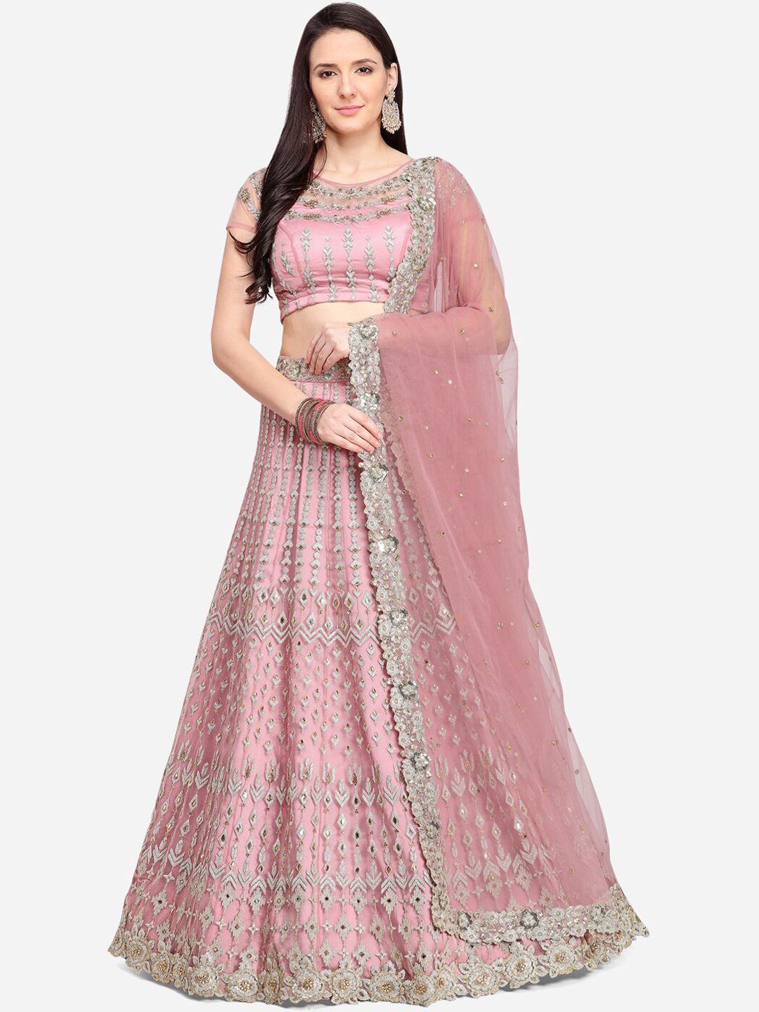 NAKKASHI Pink & Silver-Coloured Zari & Resham Embroidered Lehenga Choli With Dupatta