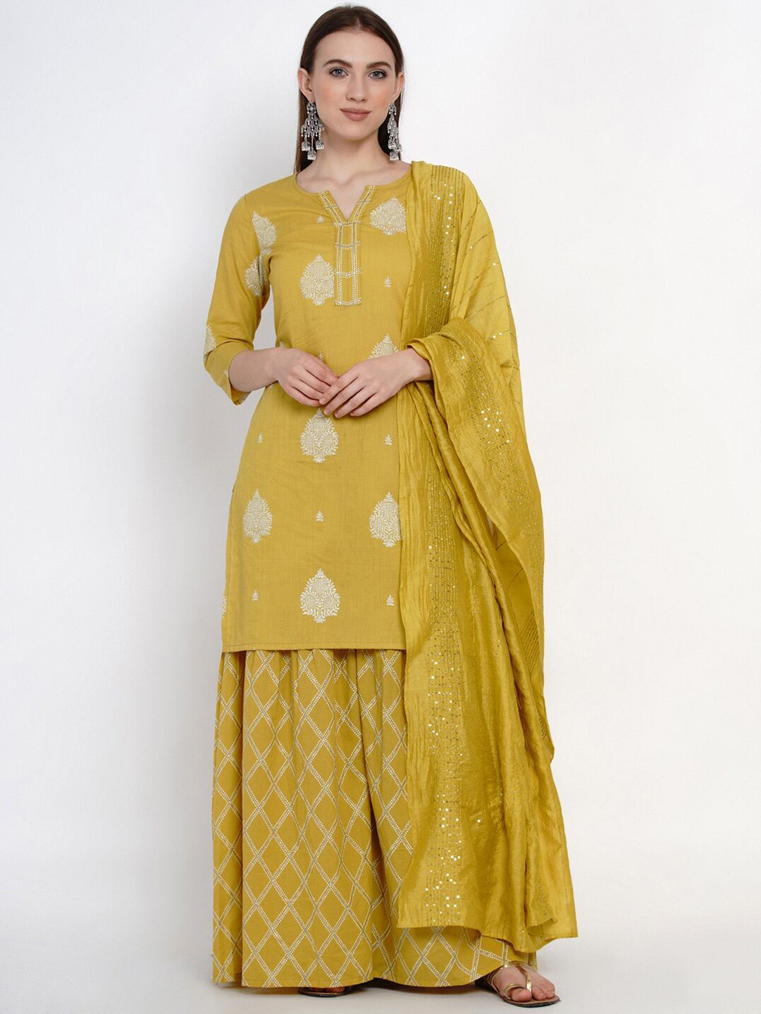 Yuris Women Yellow & White Printed Kurta with Sharara & Dupatta Price in India