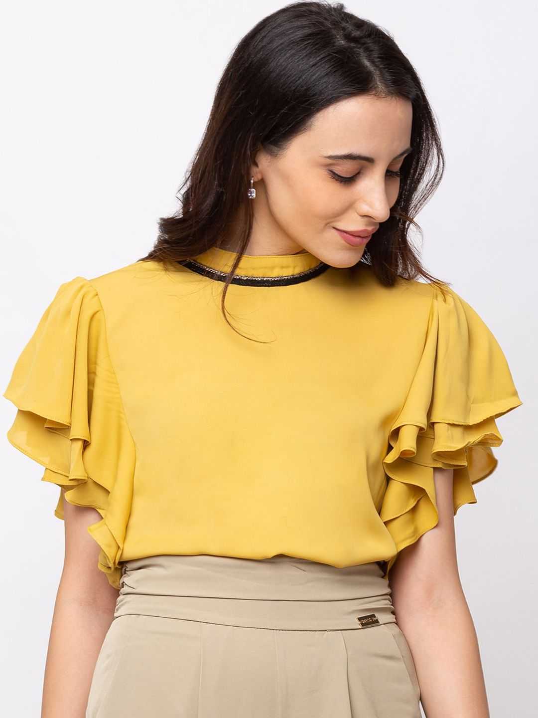 SHECZZAR Women Yellow Solid Jewel Neck Top