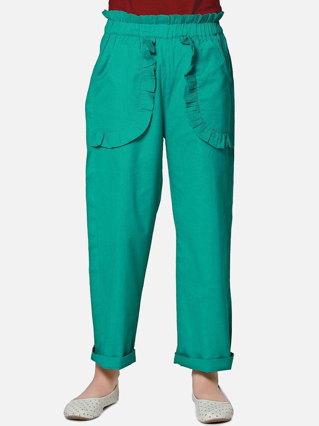 Cutiekins Girls Green Solid Straight Fit Linen Palazzos