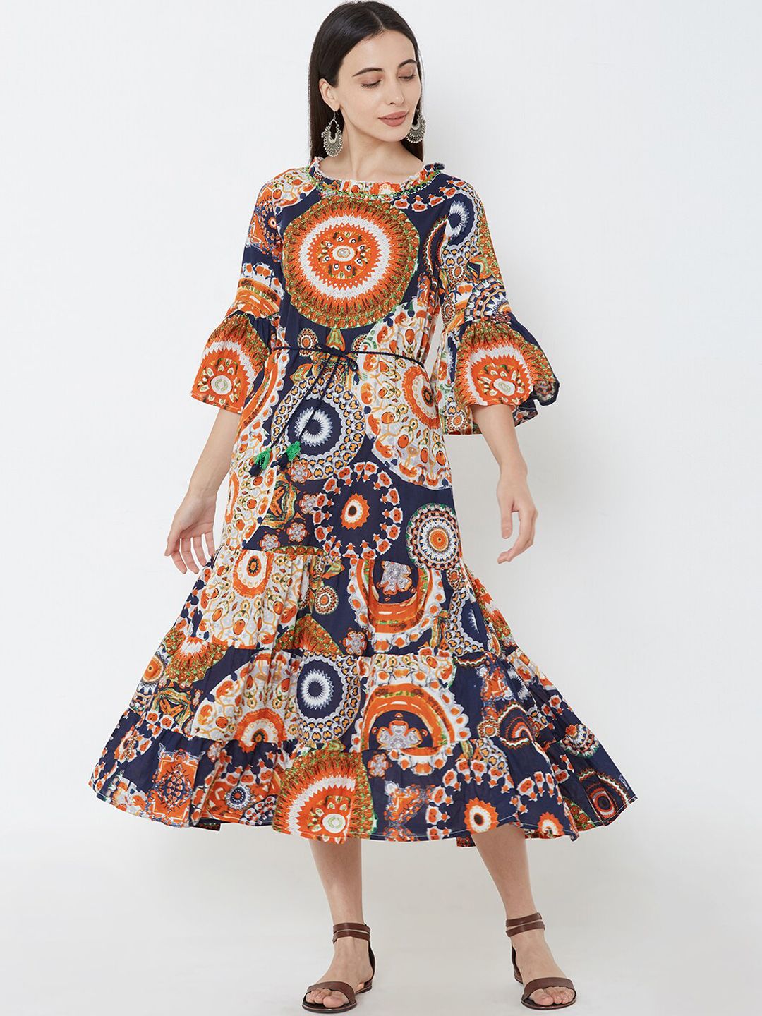 FASHOR Women Navy Blue & Beige Printed Fit and Flare Dress
