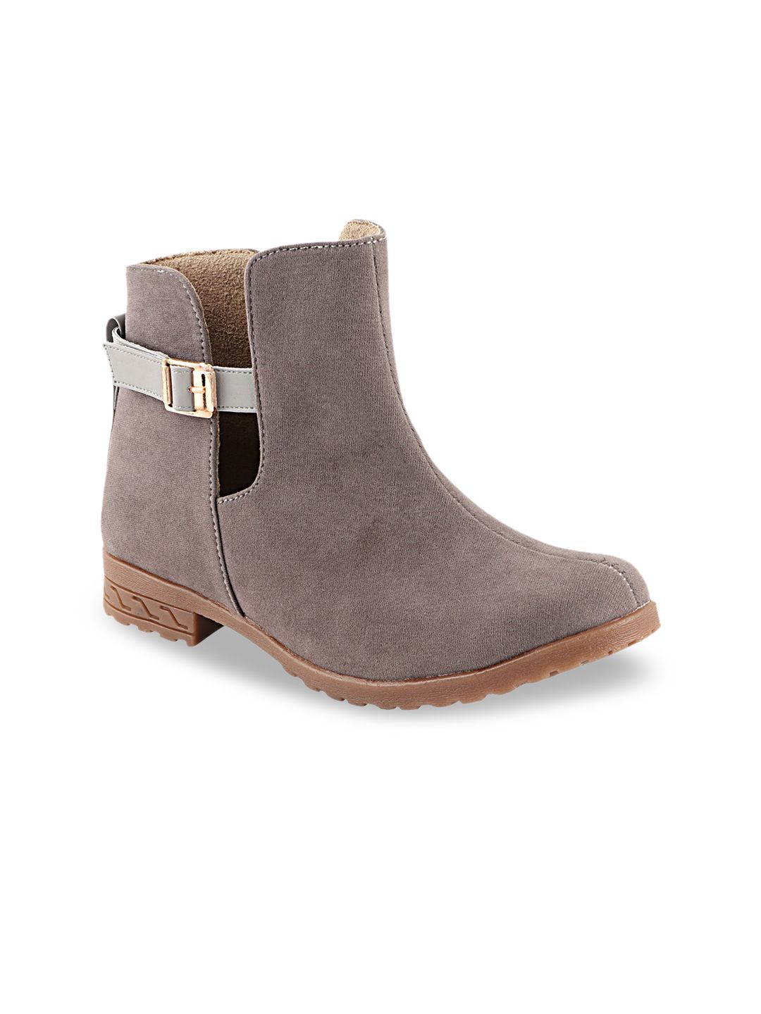Shoetopia Women Grey Solid Suede Heeled Boots Price in India