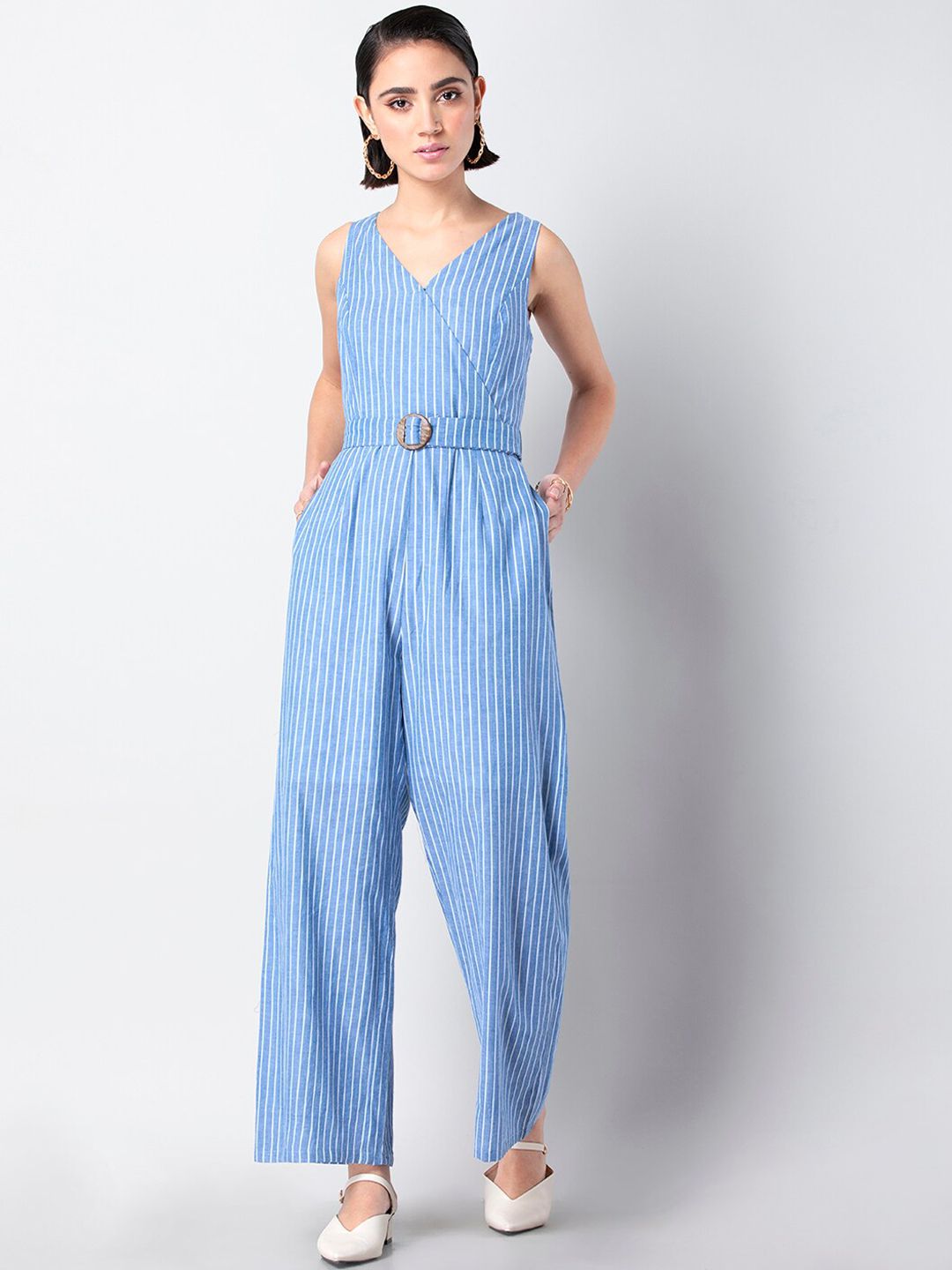 FabAlley Women Blue & White Striped Cotton Basic Jumpsuit Price in India