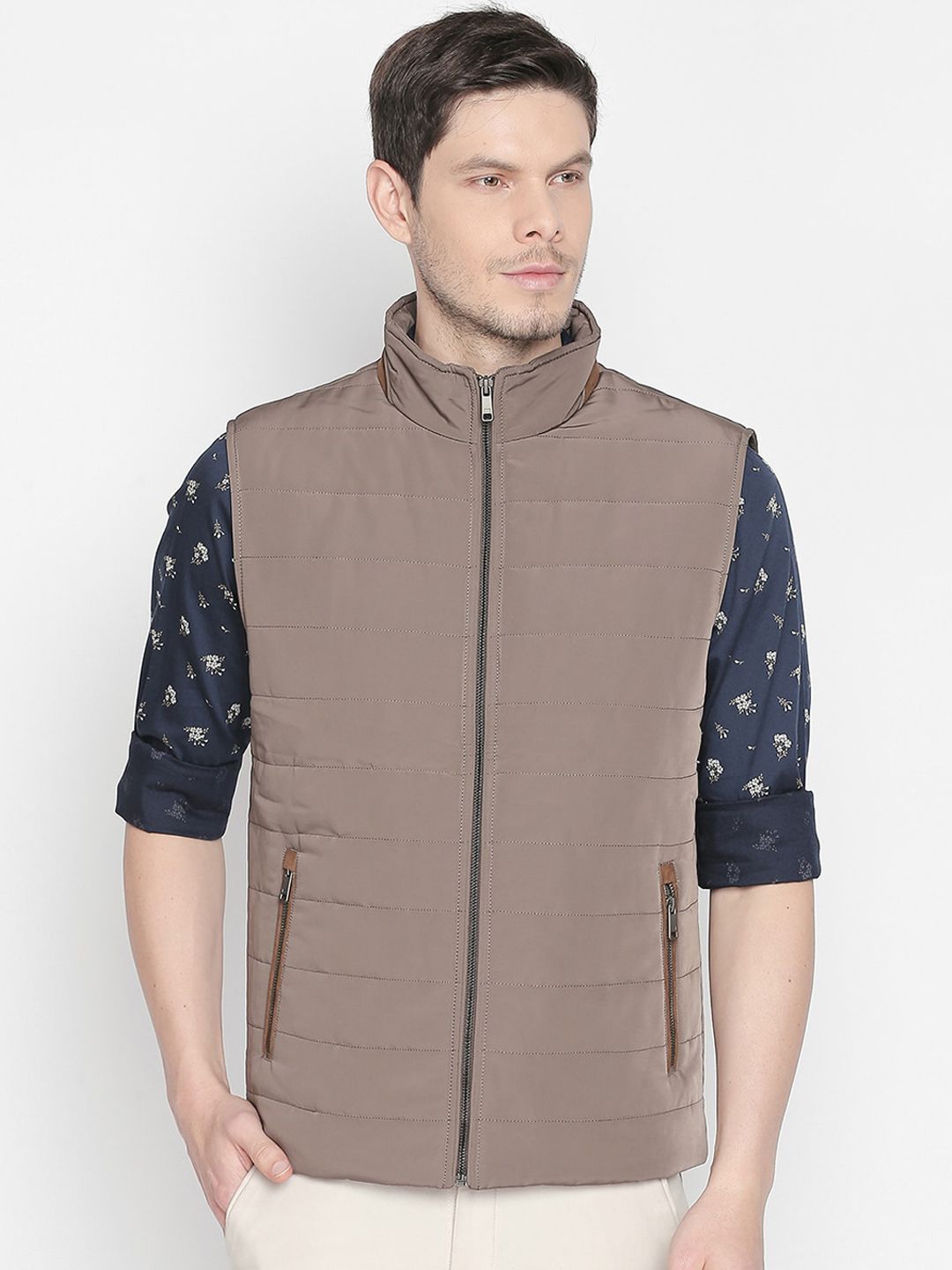 Basics Men Brown & Navy Blue Floral Print Lightweight Padded Jacket