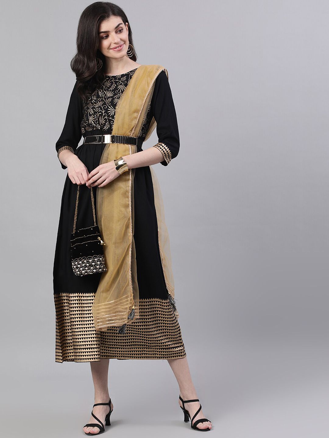Nayo Women Black Printed A-Line Dress Price in India