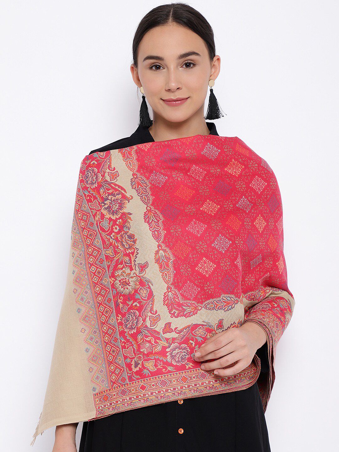 Pashmoda Women Pink Woven Woolen Faux Pashmina Jamawar Shawl Price in India