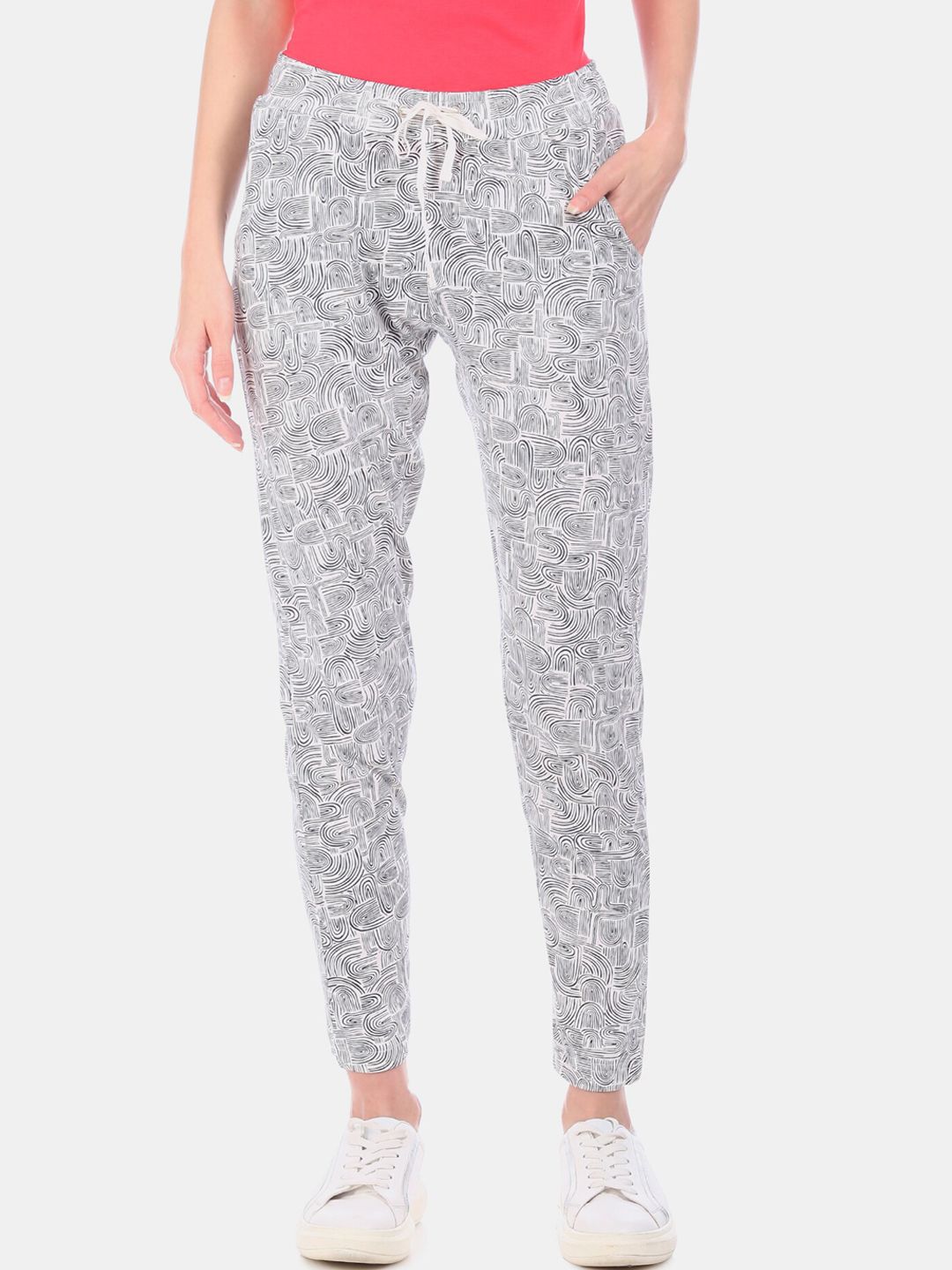 Sugr Women White & Black Printed Straight-Fit Track Pants Price in India