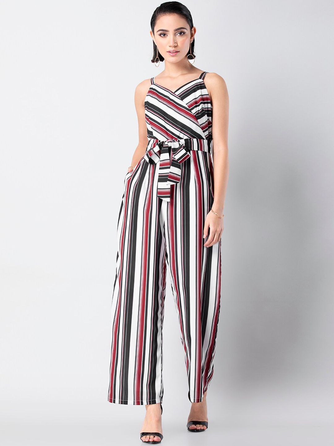 FabAlley Women White & Maroon Striped Basic Jumpsuit Price in India