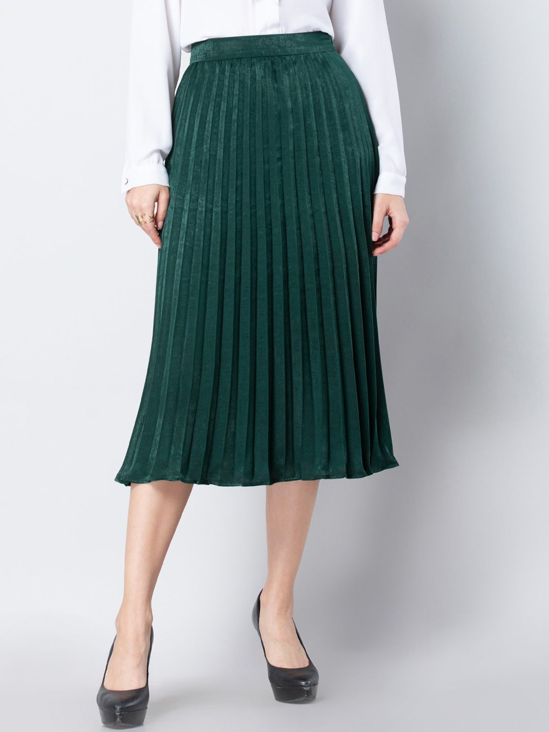 FabAlley Women Green Pleated A-Line Skirt