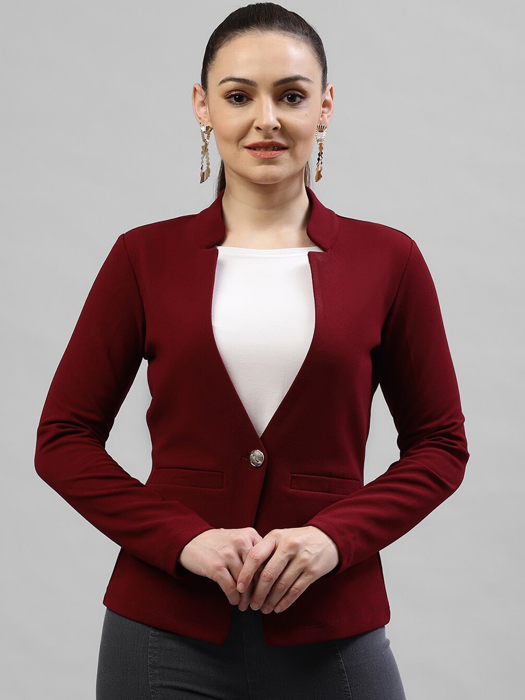KASSUALLY Women Burgundy Solid Single-Breasted Canton Blazer Price in India