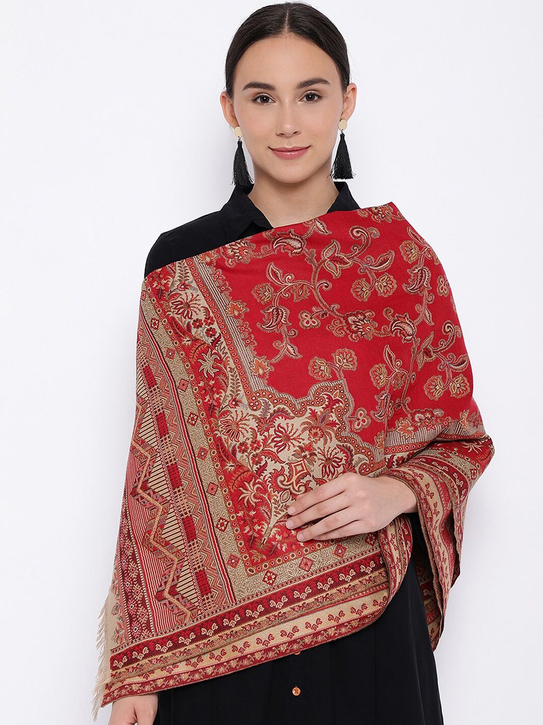 Pashmoda Women Red & Beige Woven-Design Jamawar Shawl Price in India