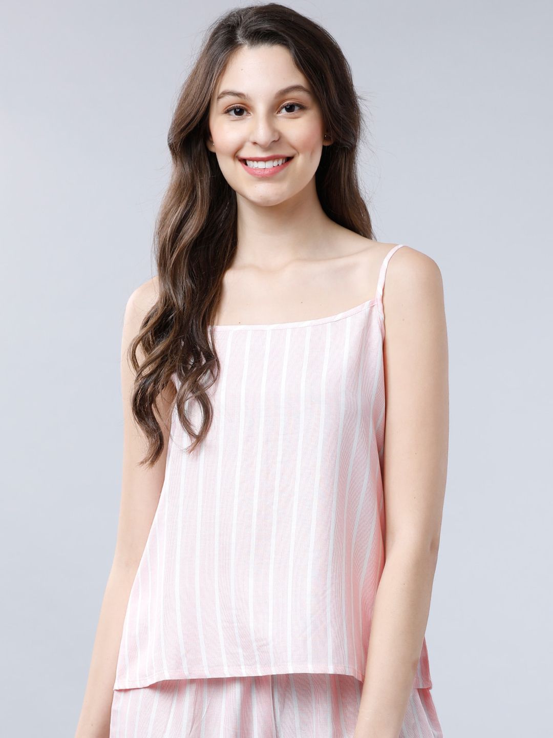 Tokyo Talkies Women Pink & White Striped Camisole Lounge Top Price in India