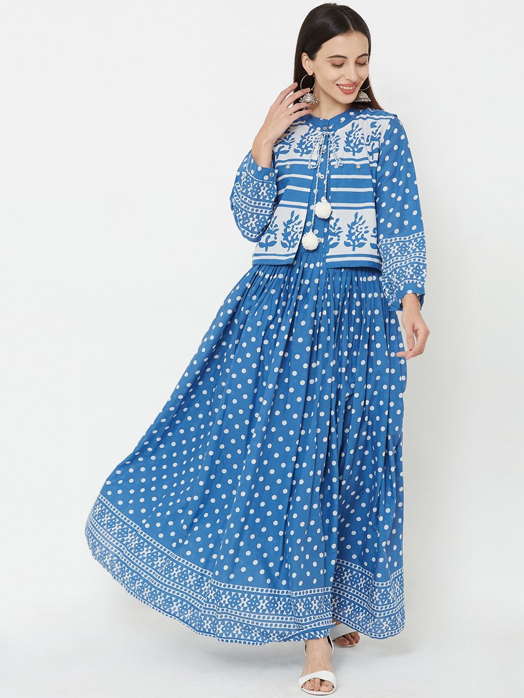 FASHOR Women Blue Printed Maxi Dress With Jacket