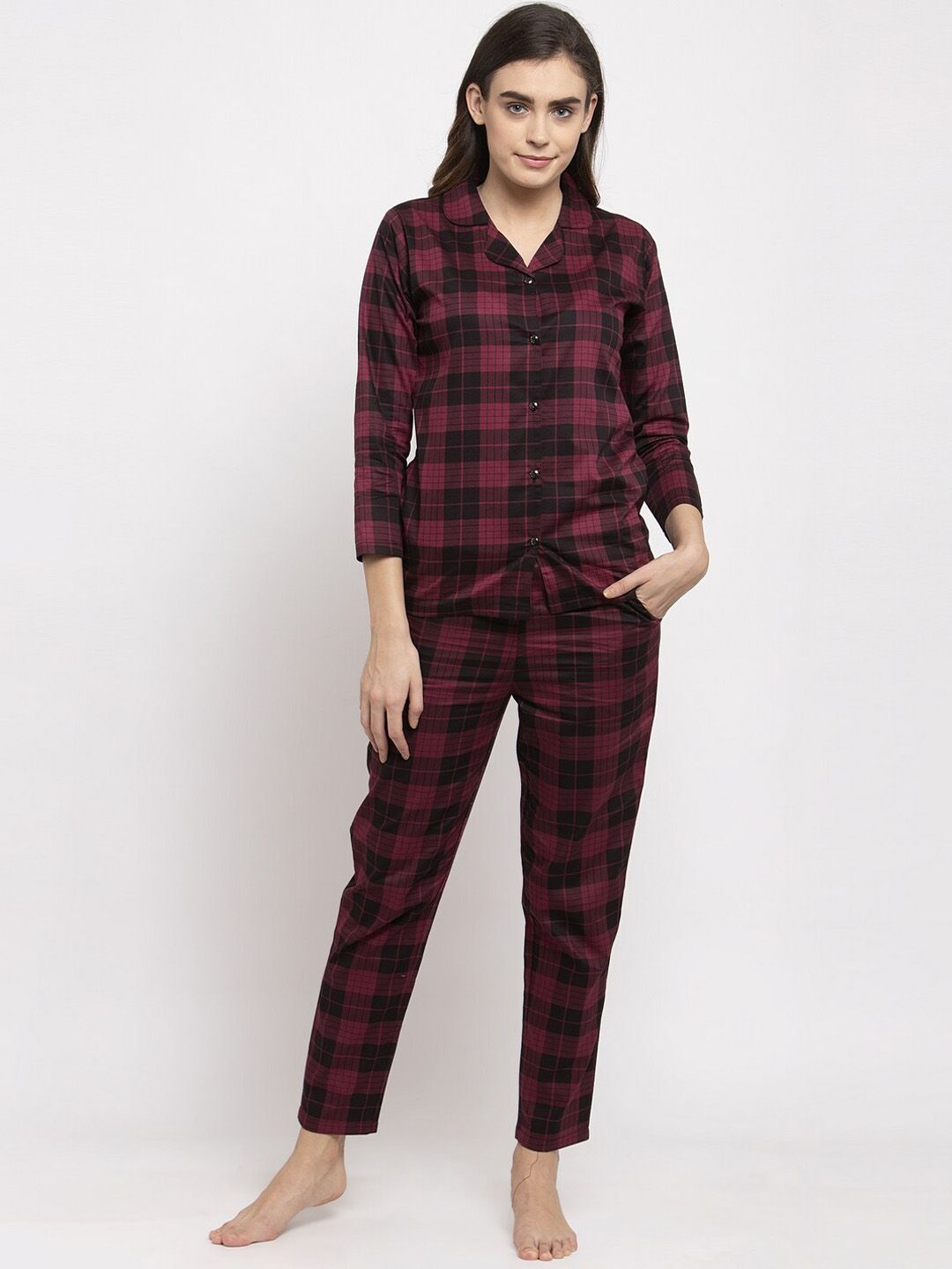 Claura Women Maroon & Black Checked Night Suit Price in India