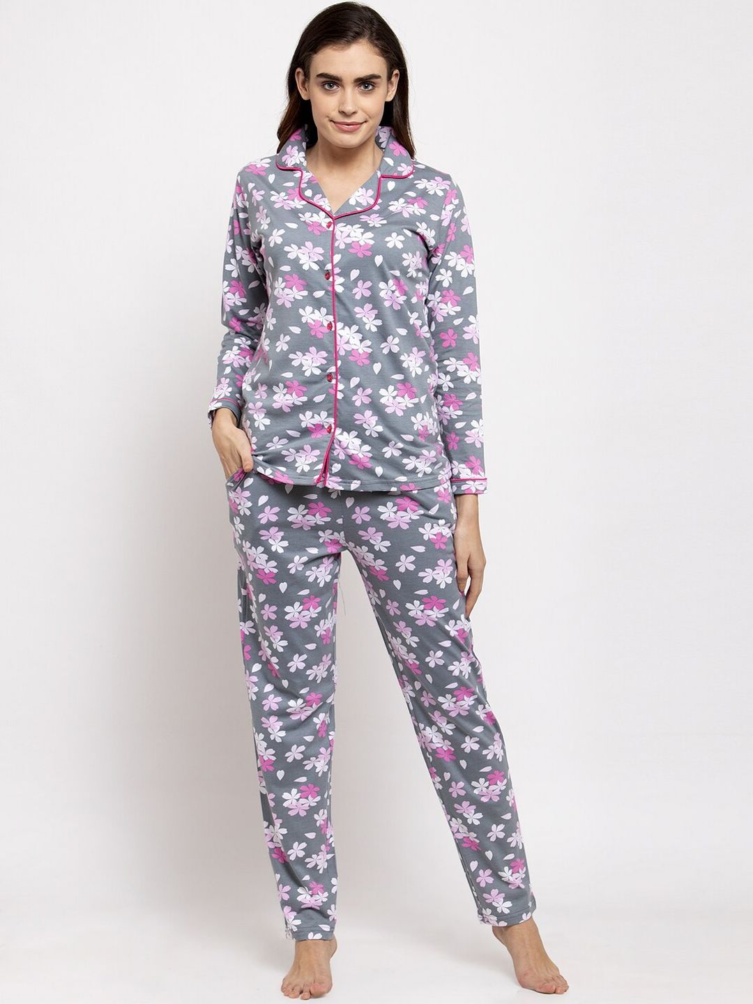 Claura Women Grey & Pink Floral Printed Night suit Price in India