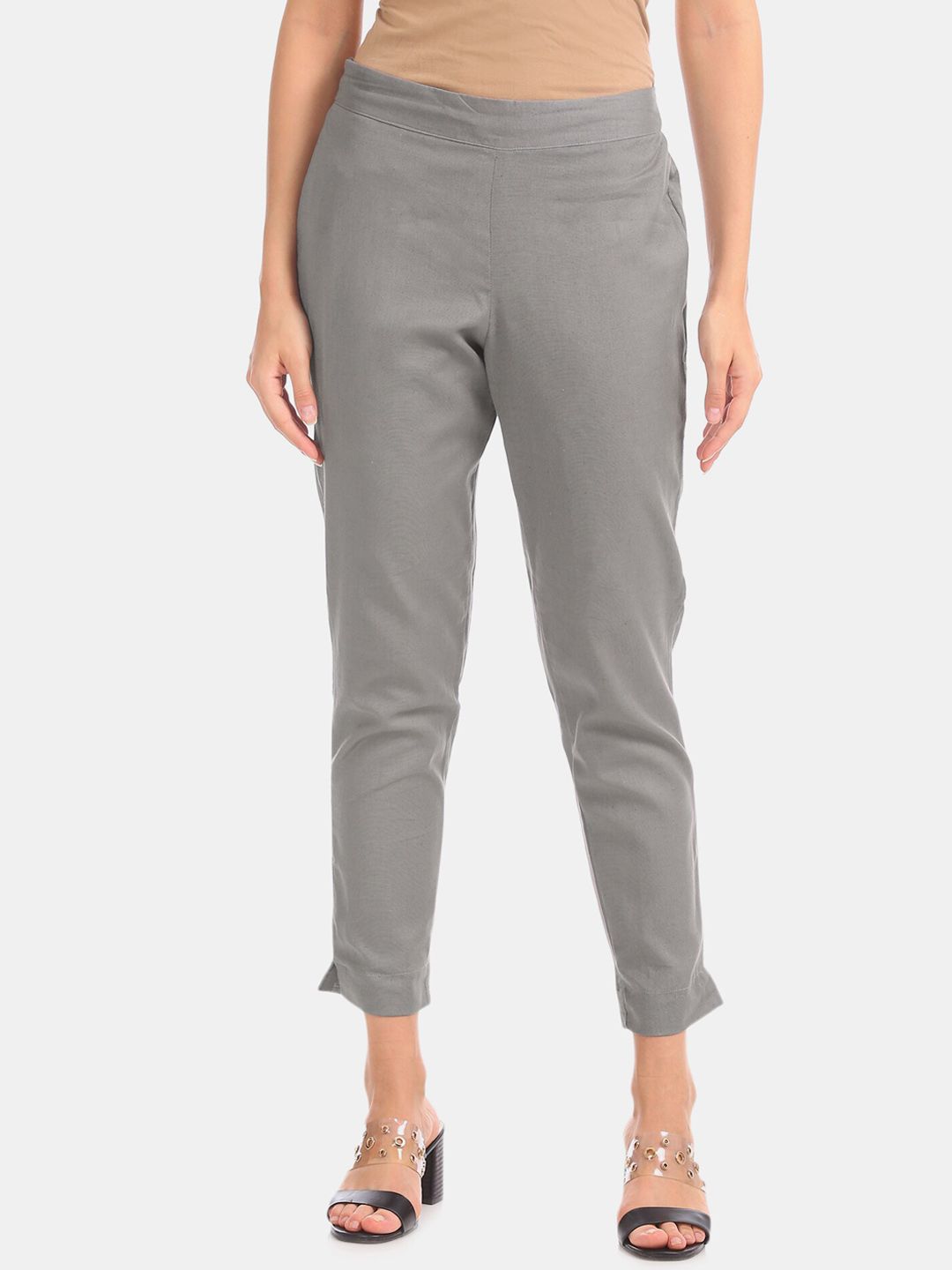 Karigari Women Grey Regular Fit Solid Cigarette Trousers