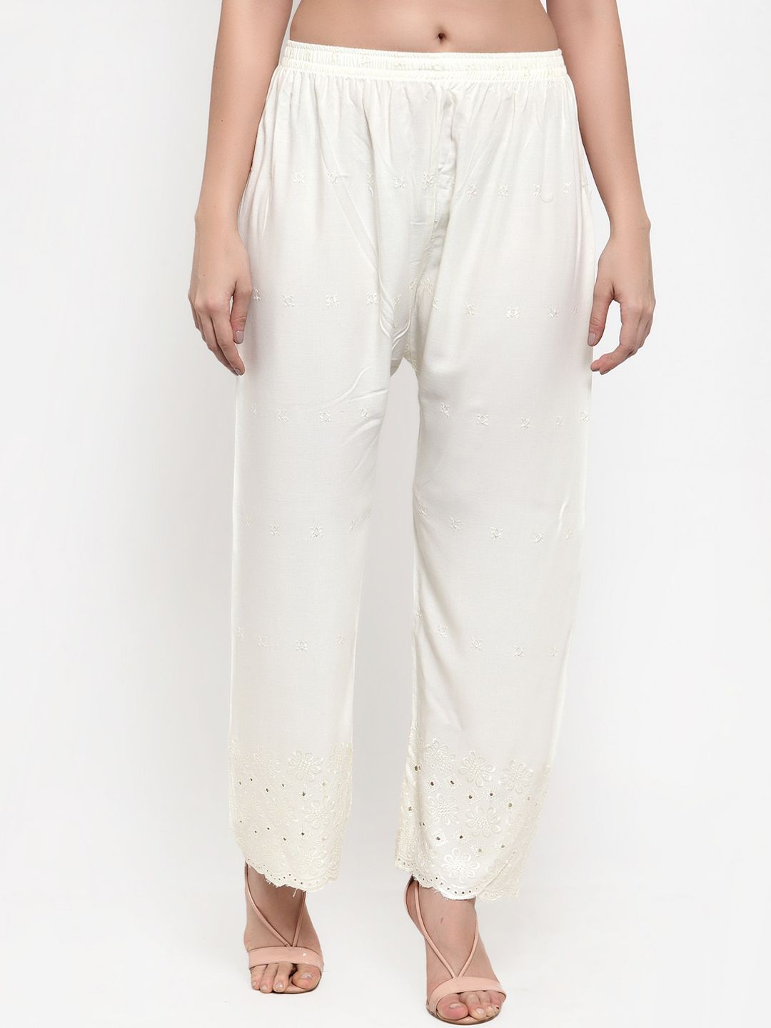 Miaz Lifestyle Women Off White Embroidered Straight Fit Palazzos