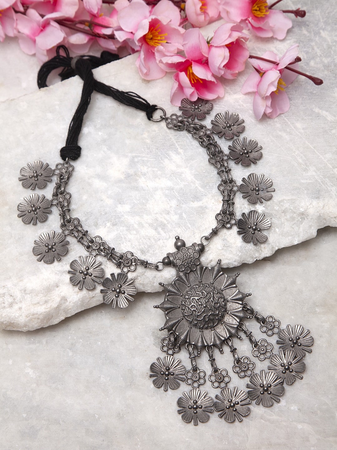 Moedbuille Women Gunmetal-Toned & German Silver Floral Tasselled Design Oxidised Necklace Price in India