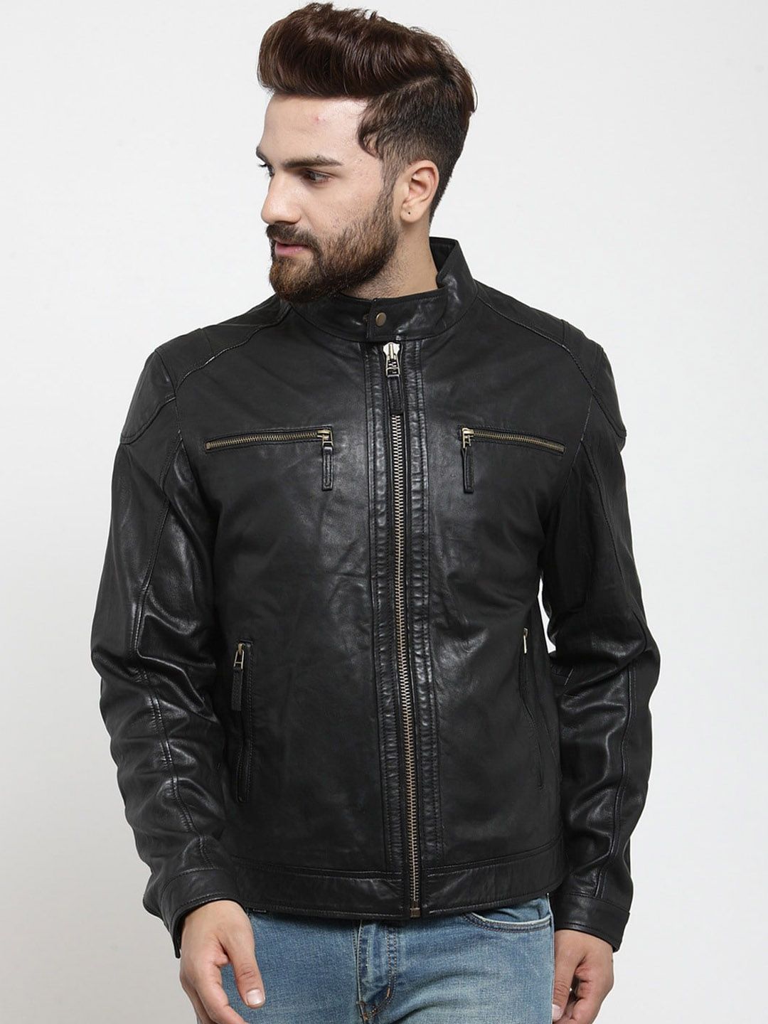 Teakwood Leathers Men Black Solid Water Resistant Leather Jacket
