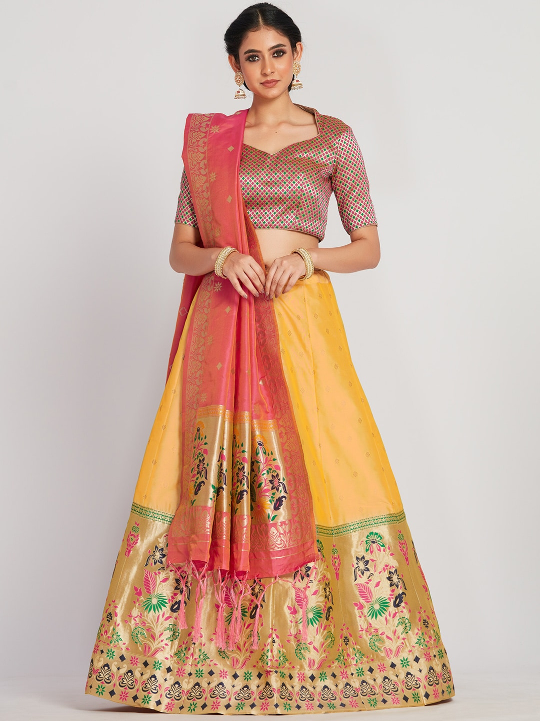 MIMOSA Women Yellow & Pink Semi-Stitched Lehenga With Unstitched Blouse & Dupatta Price in India