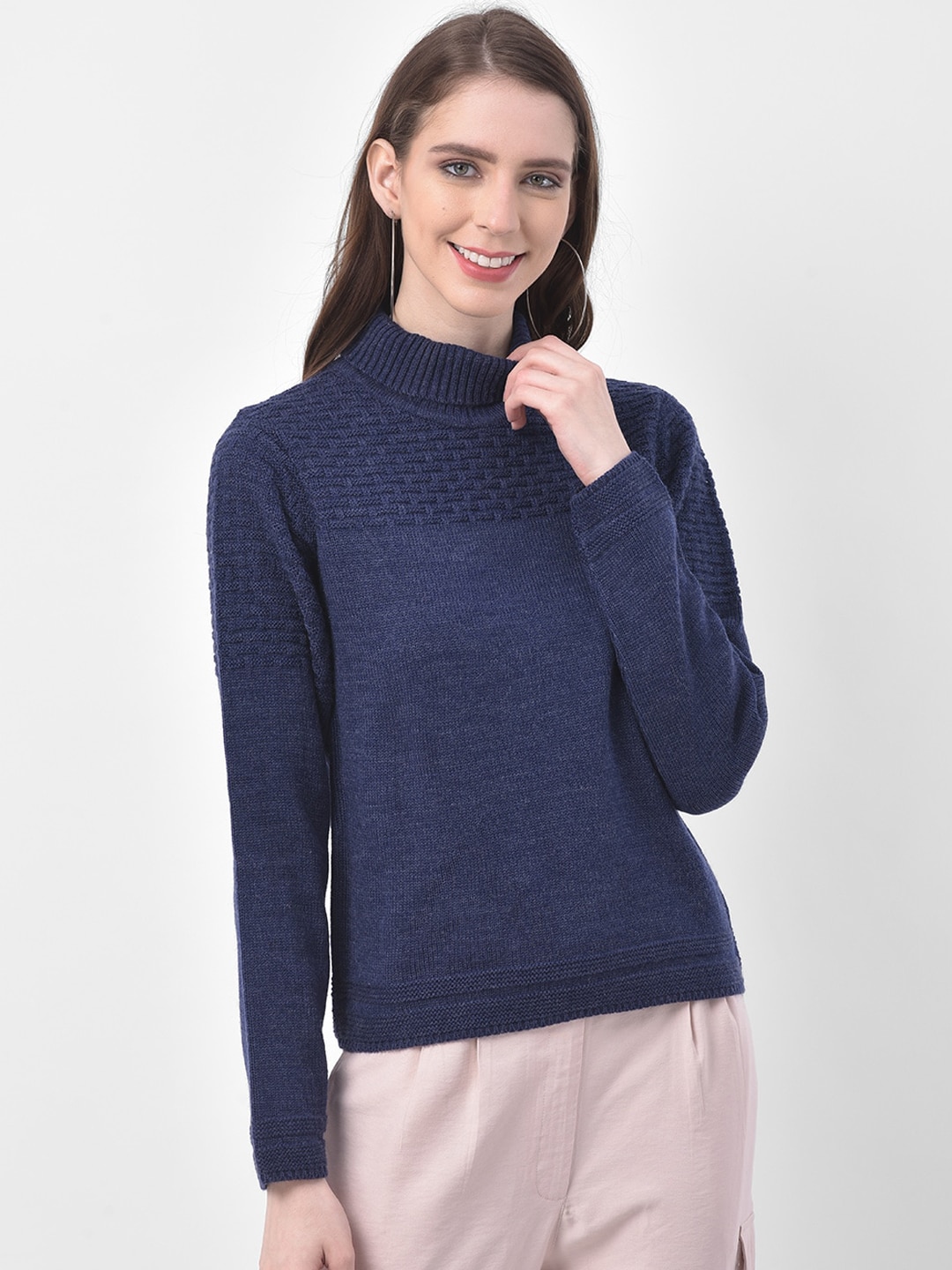 Latin Quarters Women Navy Blue Self Design Pullover Sweater