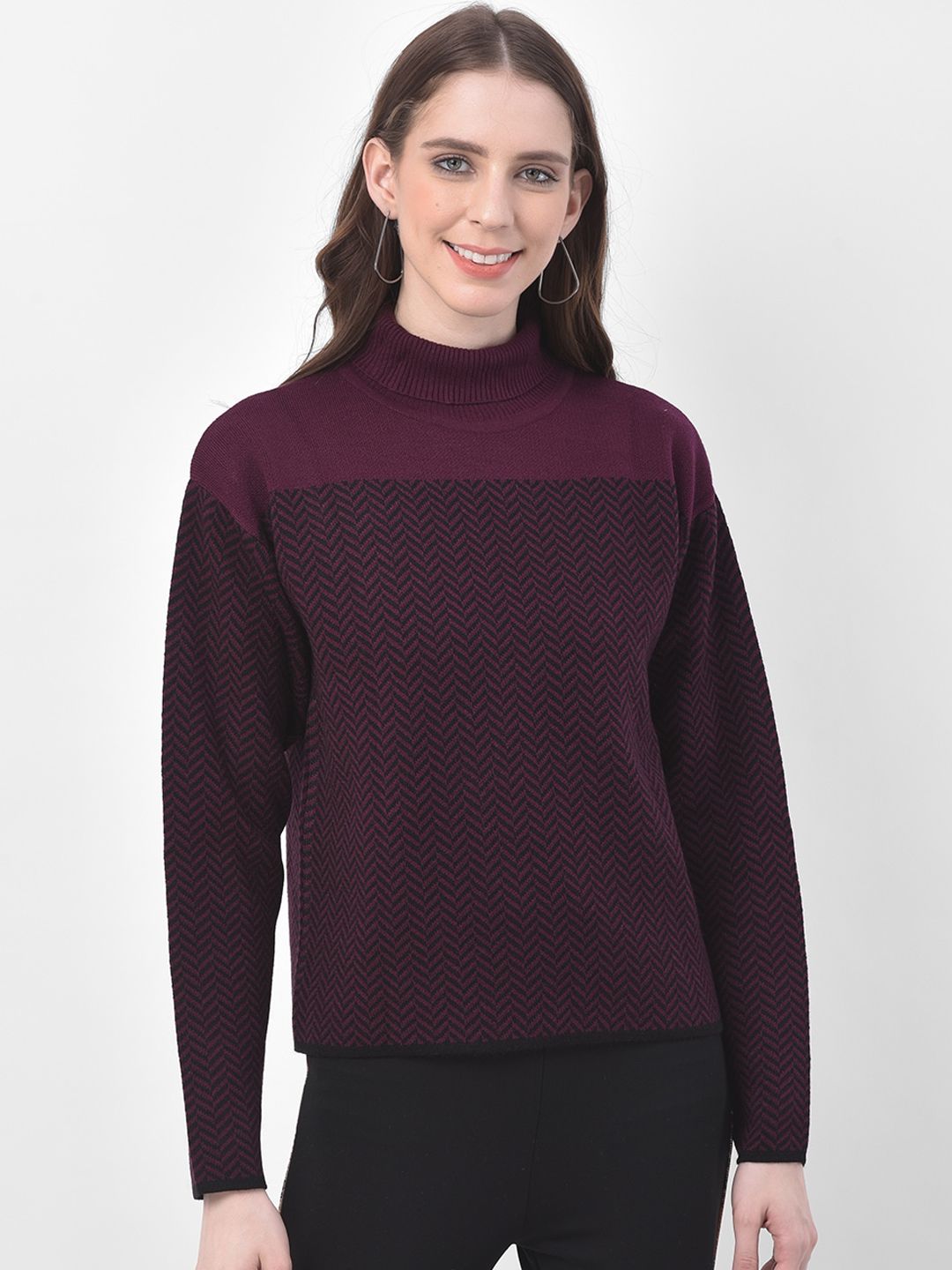 Latin Quarters Women Burgundy & Black Chevron Patterned Pullover Sweater Price in India