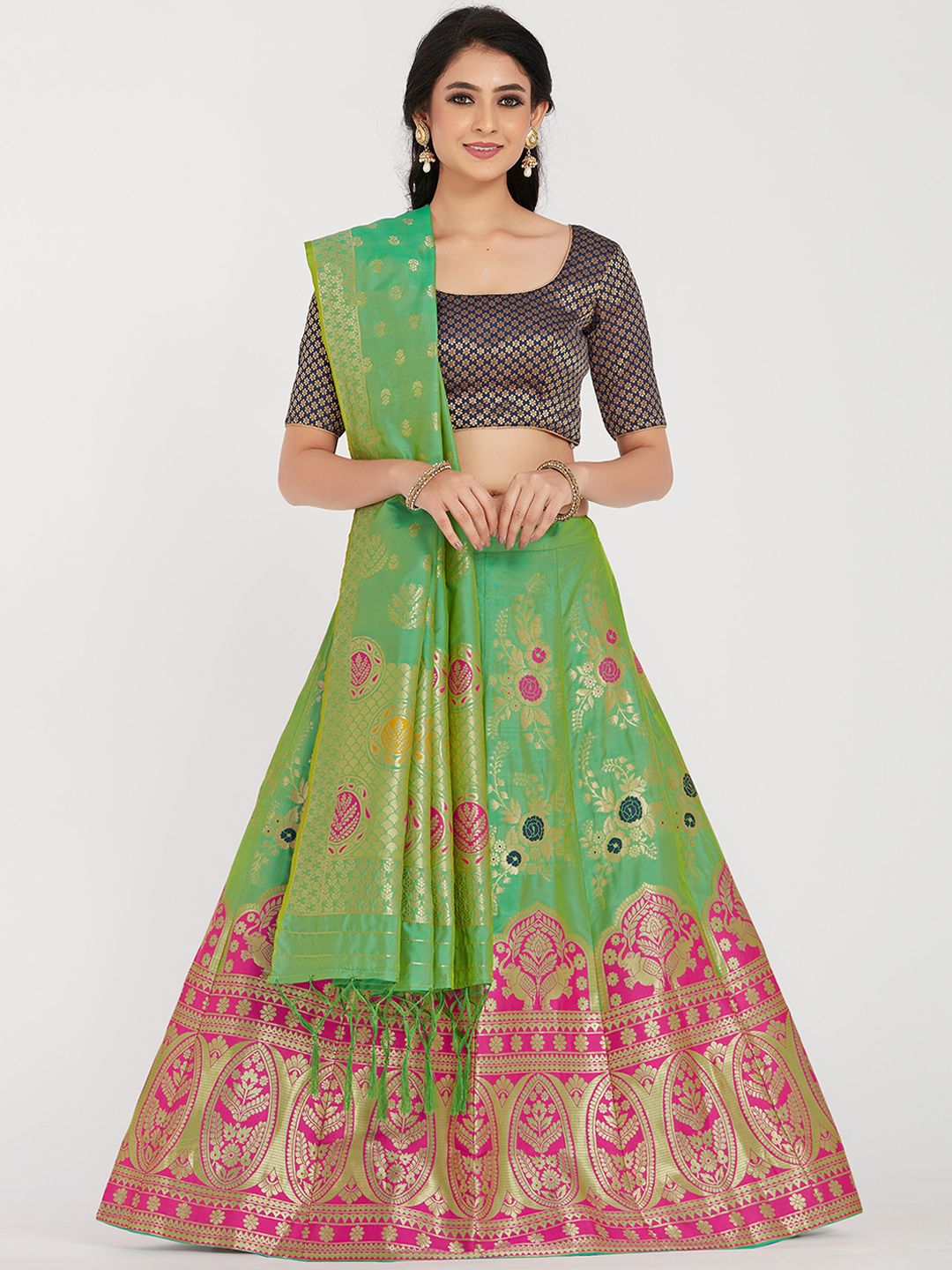 MIMOSA Women Navy & Green Zari Woven Design Semi-Stitched Lehenga & Unstitched Choli with Dupatta