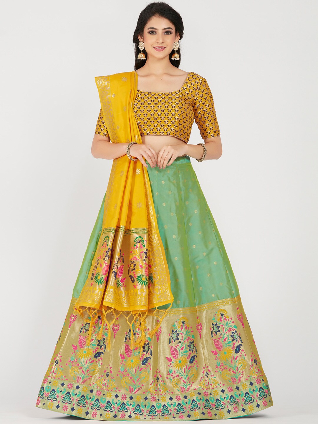 MIMOSA Women Yellow & Green Embellished Semi-Stitched Lehenga Choli Set Price in India