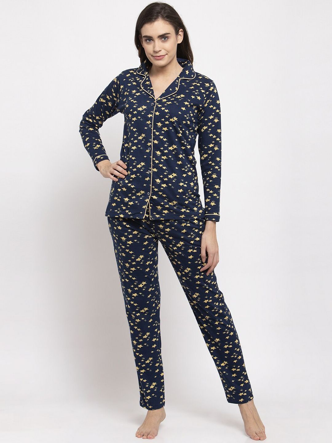 Claura Women Navy Blue & Yellow Printed Night Suit Price in India