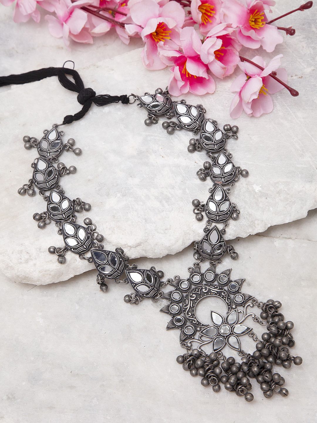Moedbuille Silver-Toned Mirror-Studded Handcrafted Tribal Oxidized Necklace Price in India