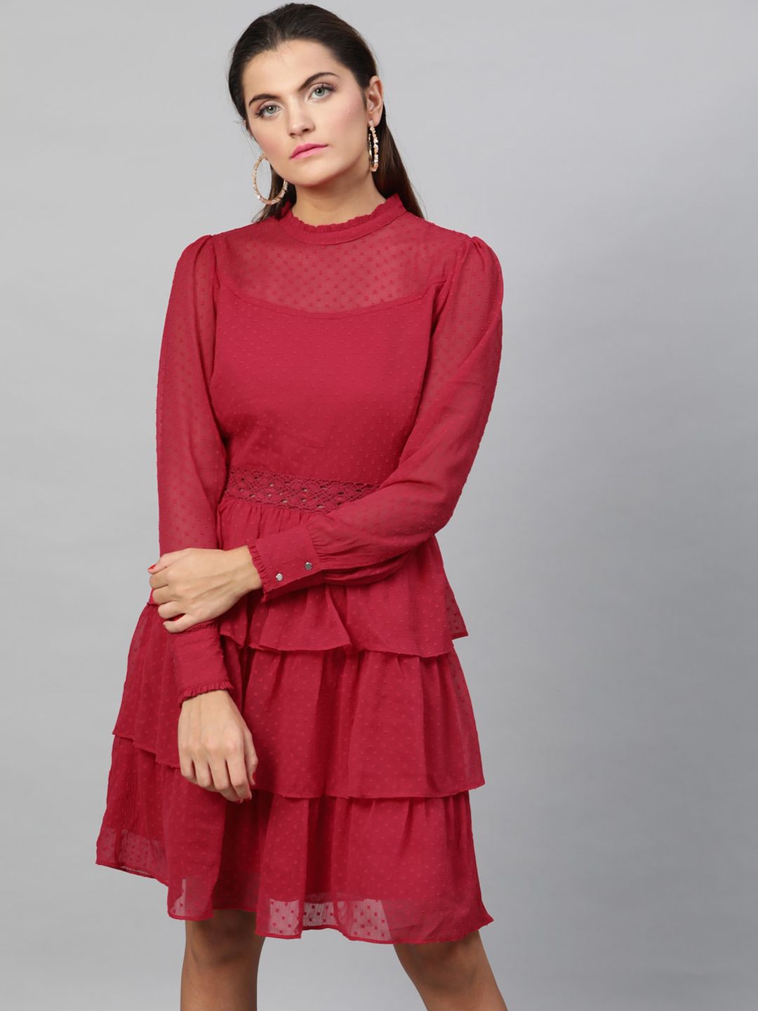 STREET 9 Women Red Self Design Fit and Flare Dress Price in India