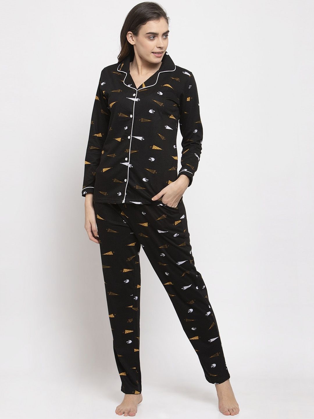 Claura Women Black & Yellow Printed Night suit Price in India