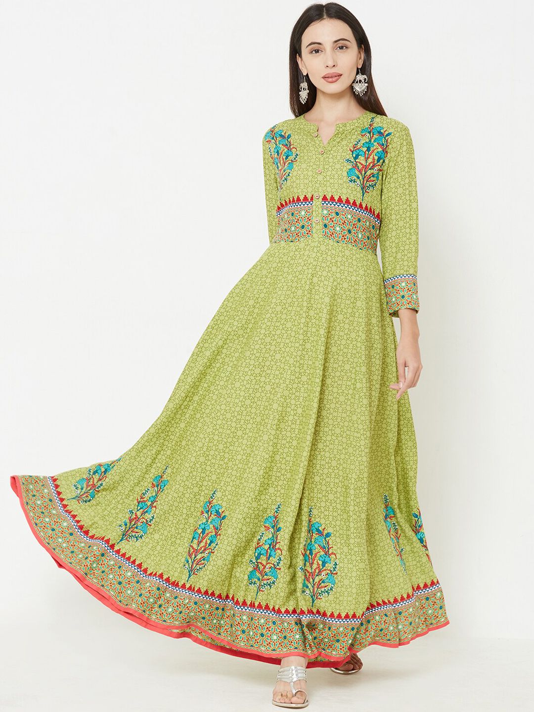 FASHOR Women Green Printed Maxi Ethnic Dress