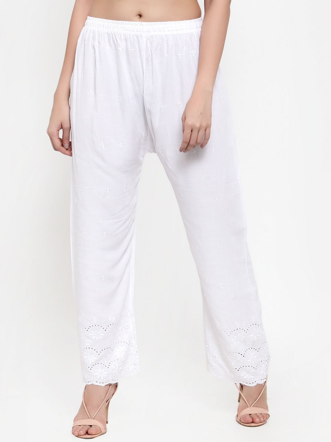 Miaz Lifestyle Women White Embroidered Straight Fit Palazzos