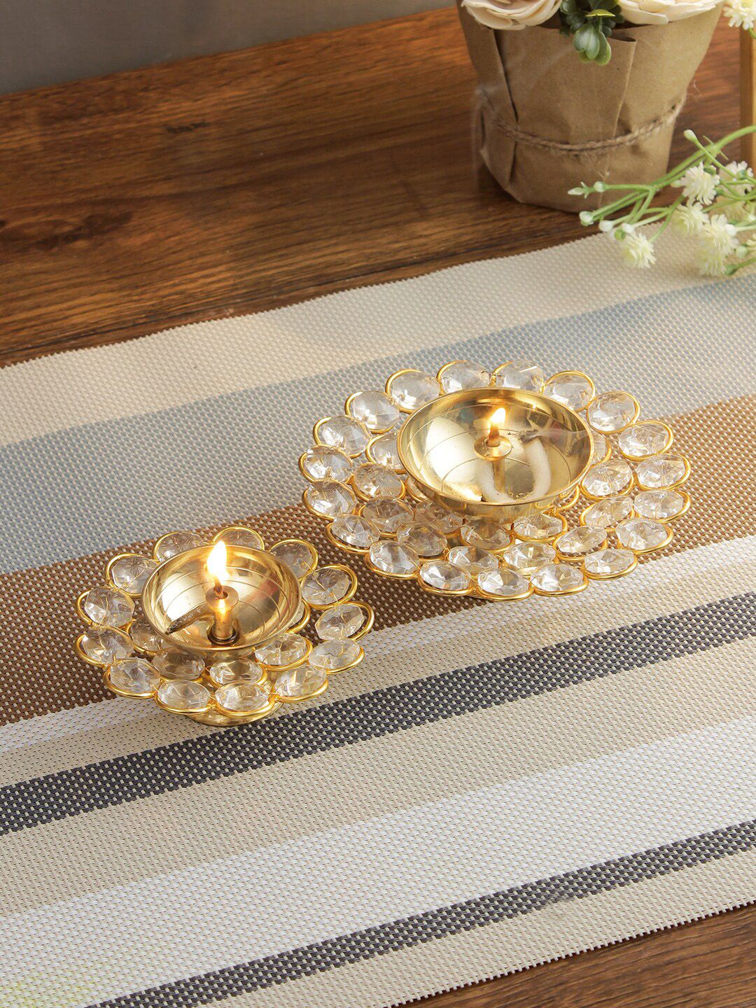 Aapno Rajasthan Set of 2 Gold & White Handcrafted Crystal Diyas Price in India