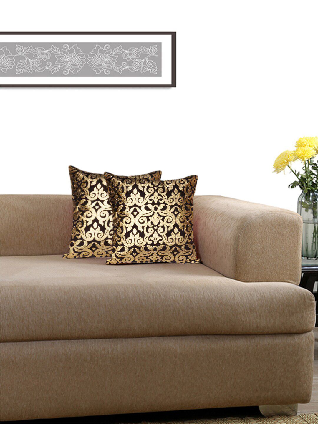 Lushomes Black & Gold-Toned Set of 2 Jacquard Square Cushion Covers Price in India