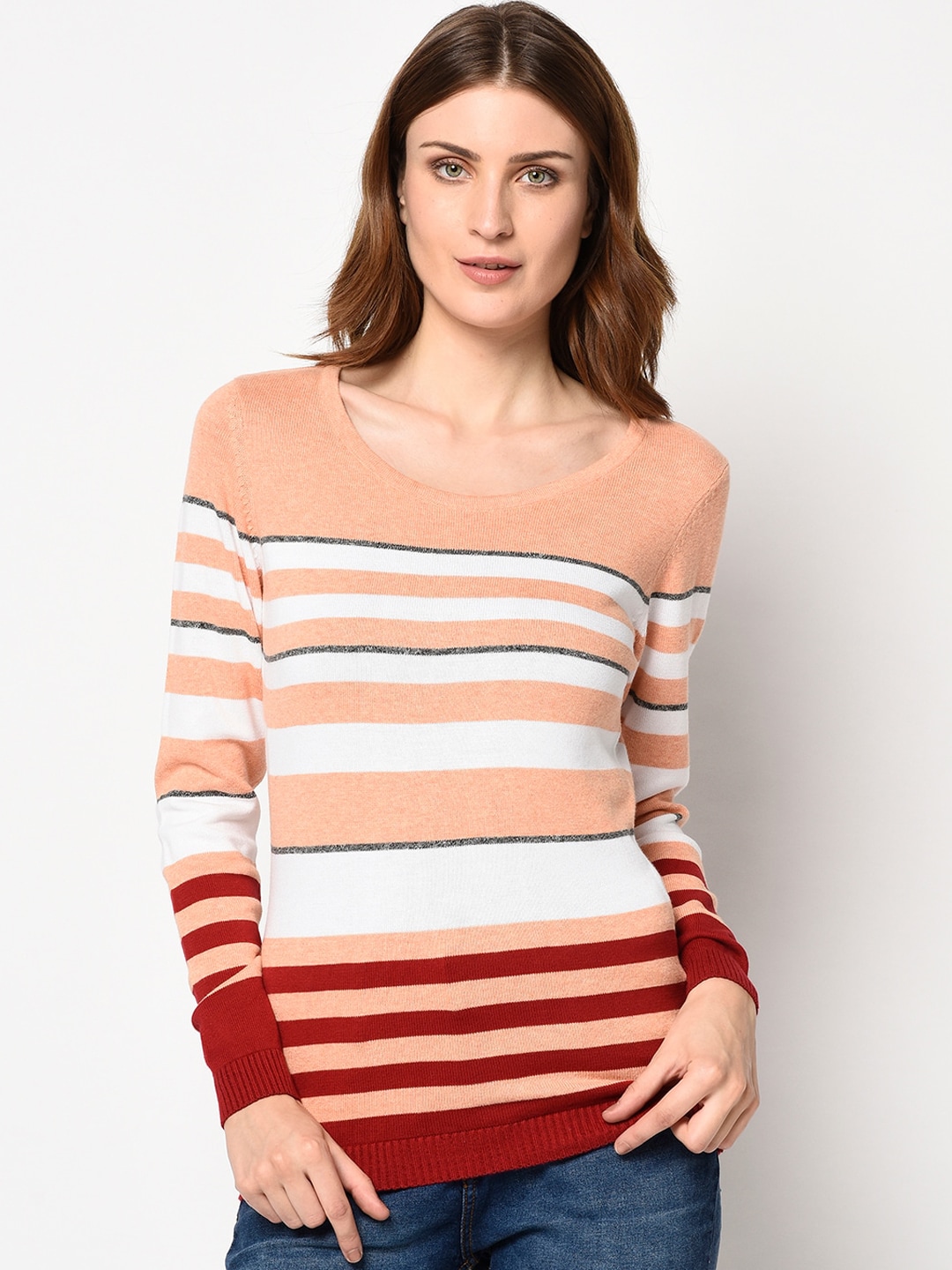 98 Degree North Women Peach-Coloured & White Striped Pullover Sweater Price in India