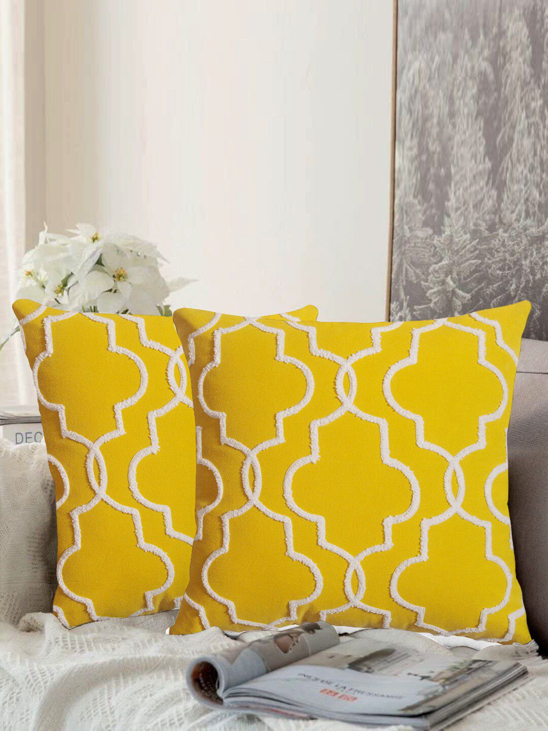aRDENMEAD Yellow Set of 2 Self Design Square Cushion Covers Price in India