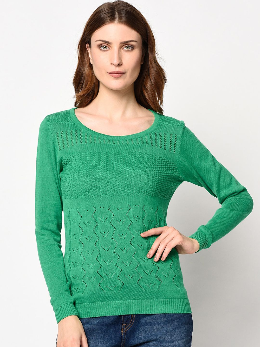 98 Degree North Women Green Self Design Pullover Sweater Price in India