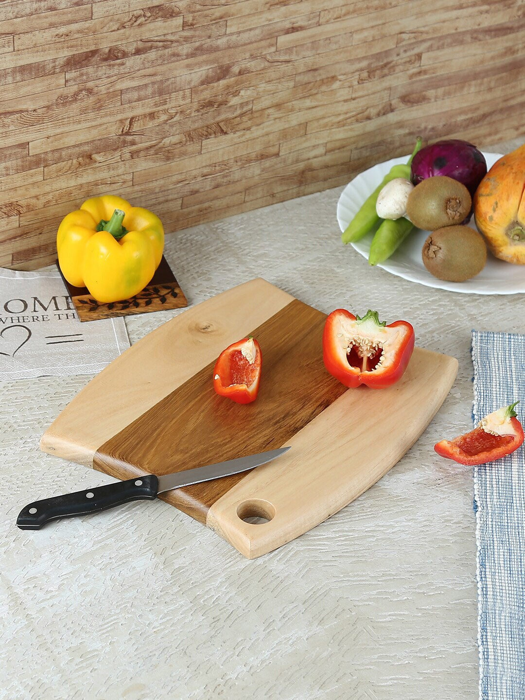 Safal Brown & Beige Pure Natural Rubber Wood Two Tone Effect Double Cut View Sustainable Chopping Board Price in India