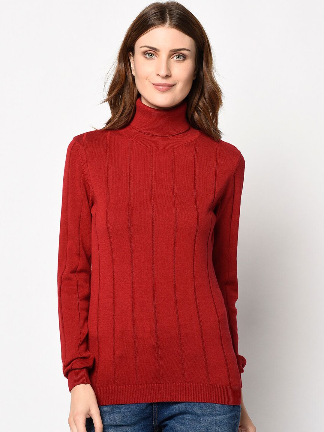 98 Degree North Women Red Ribbed Pullover Sweater Price in India