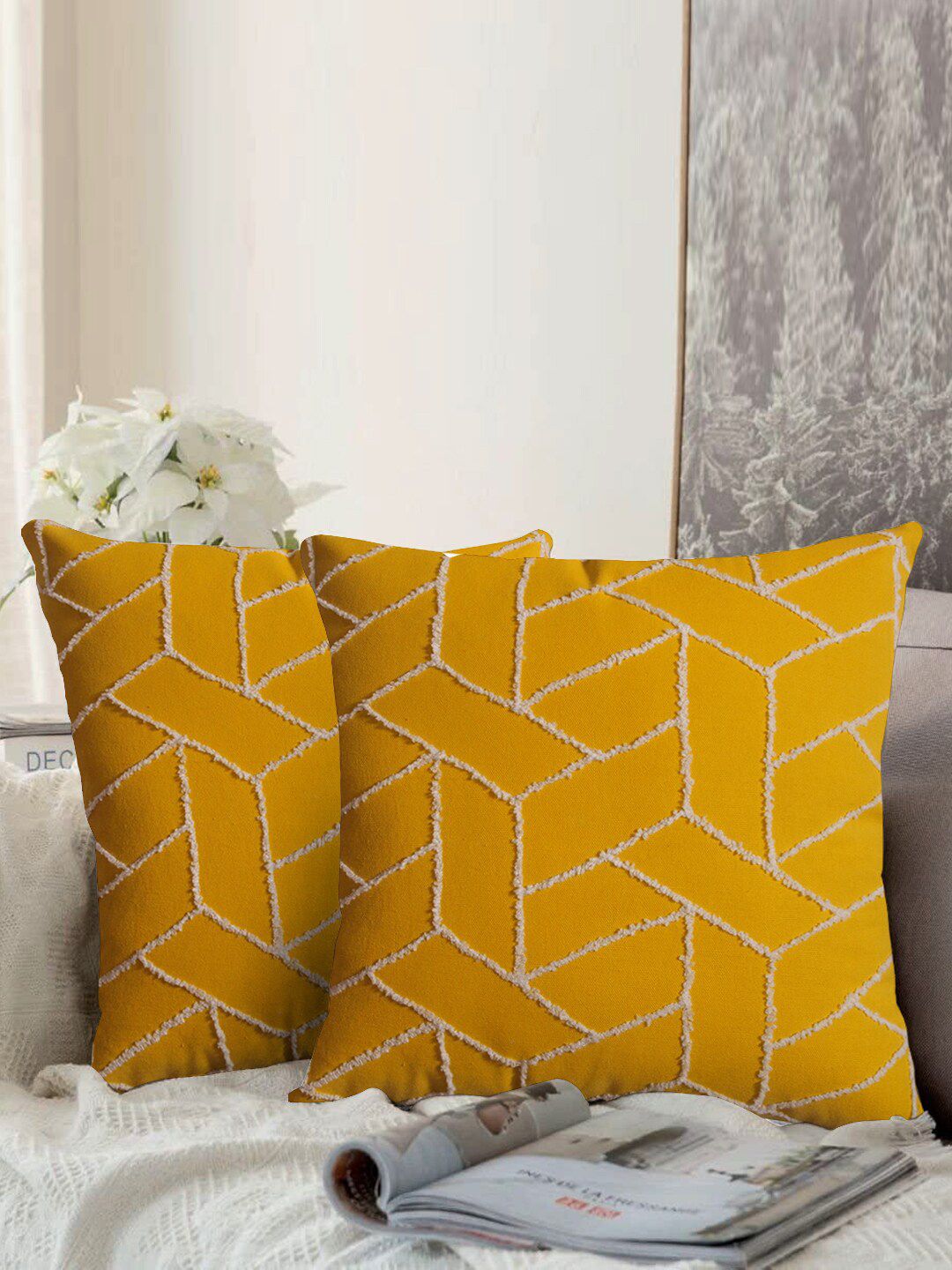 aRDENMEAD Yellow Set of 2 Embroidered Square Cushion Covers Price in India