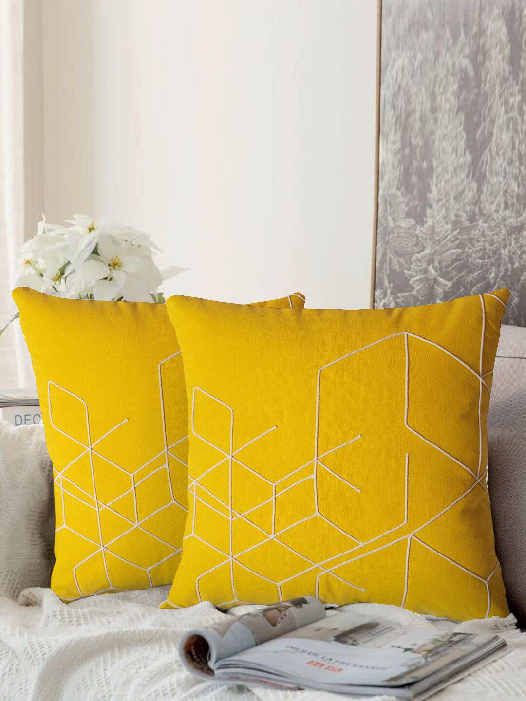 aRDENMEAD Yellow Set of 2 Embroidered Square Cushion Covers Price in India