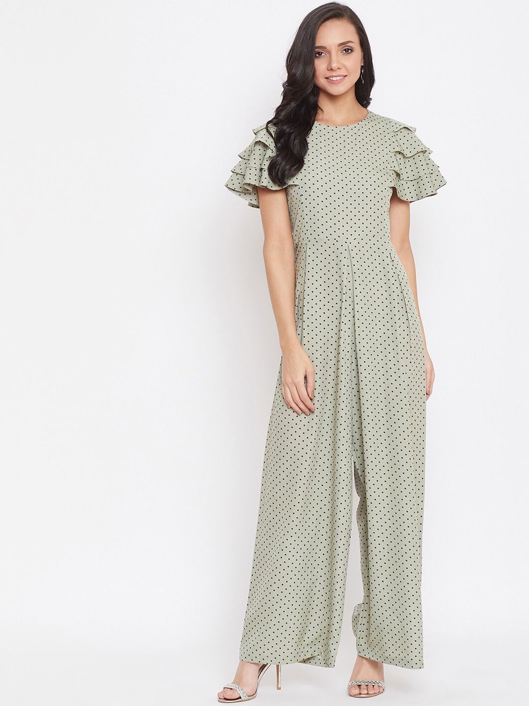 Uptownie Lite Women Green Polka Dot Printed Basic Ruffle Jumpsuit Price in India