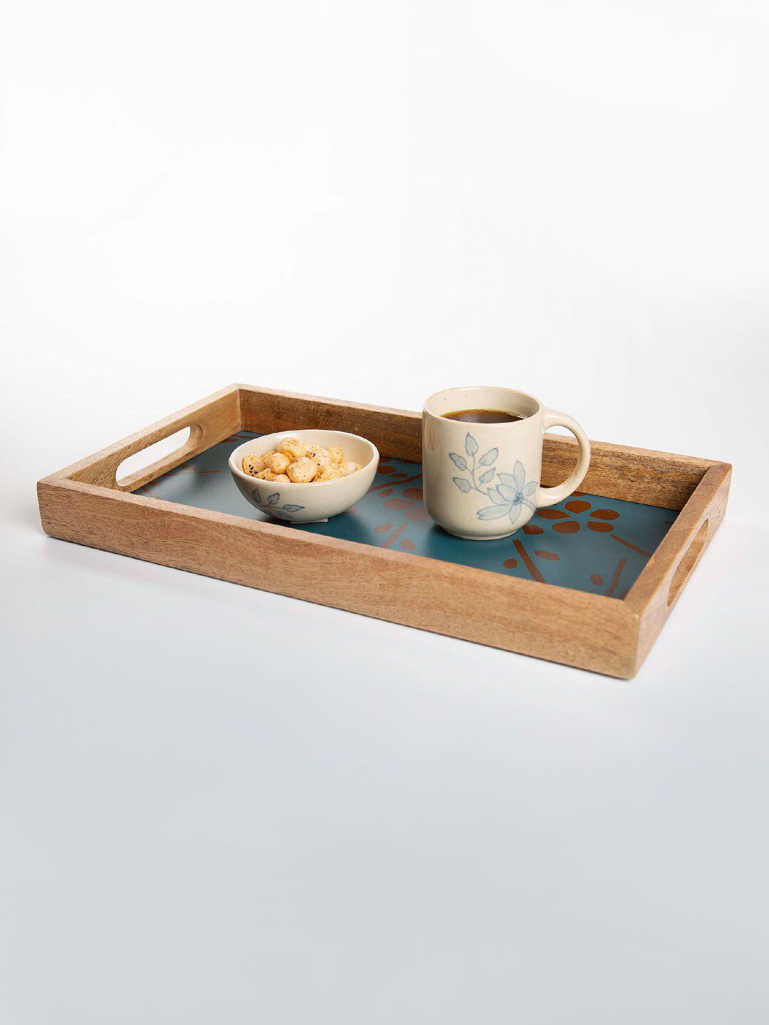 ellementry Brown & Blue Printed Wooded Tray Price in India