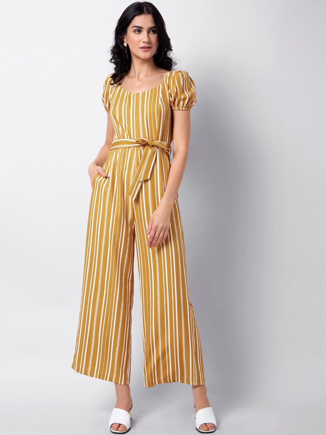 FabAlley Women Yellow Striped Basic Jumpsuit Price in India